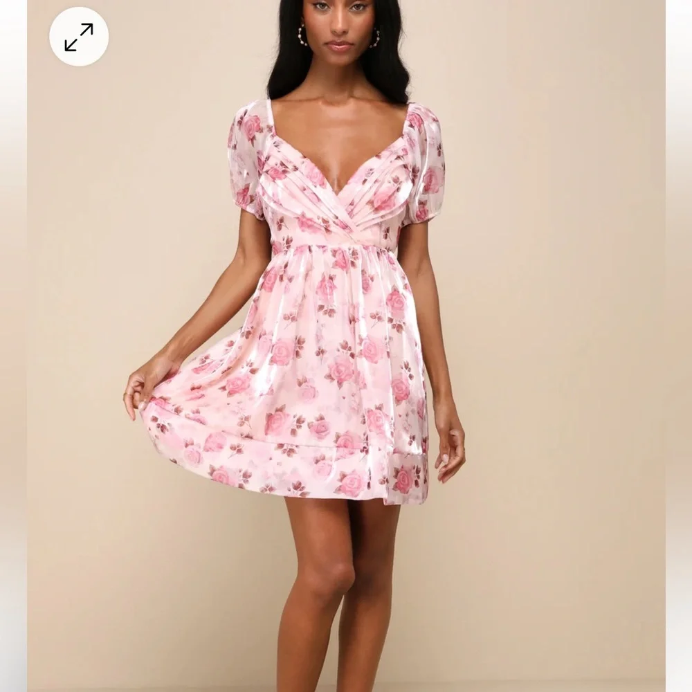 Lulus Cutest Darling Light Pink Floral Pleated Organza Mini Dress - Picture 1 of 4